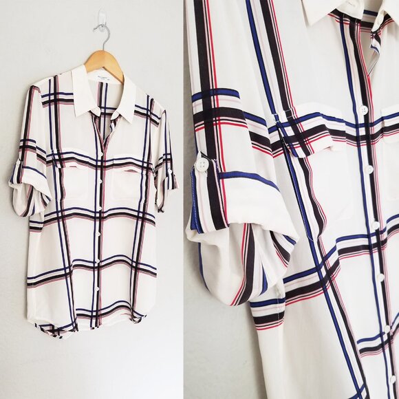 Equipment Femme 100% Silk Short Sleeve Silk Engineered Large Marais Plaid Shirt - Picture 10 of 16